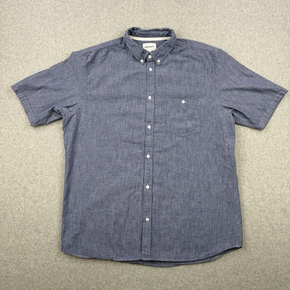 Norse‎ Projects Shirt Mens 2XL Blue Anton Chambray Button Up Short Sleeve Cotton